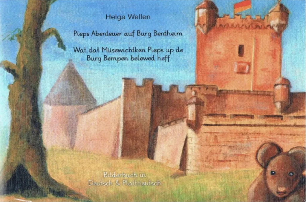 Buchcover des zweisprachigen Bilderbuchs „Pieps Abenteuer auf Burg Bentheim“ von Helga Wellen mit einer gemalten Ansicht der Burg Bentheim, einem Baum im Vordergrund und der kleinen Maus Pieps am unteren Bildrand.