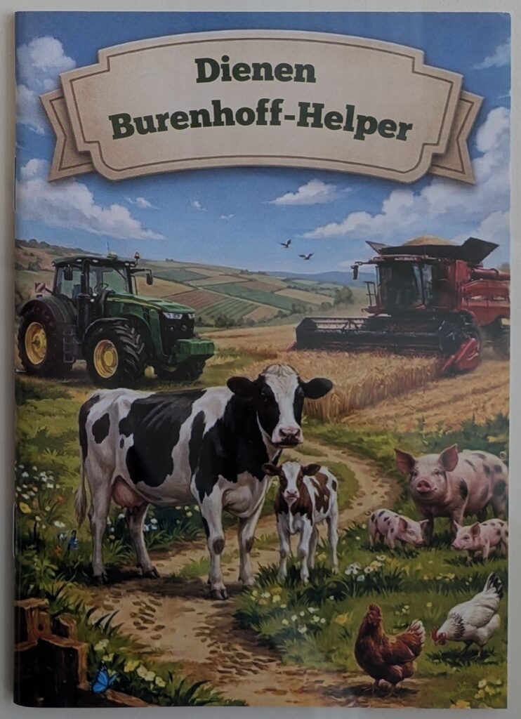 Titelseite der Broschüre „Dienen Burenhoff-Helper mit einer gezeichneten Bauernhofszene, in der eine Kuh mit Kalb, ein Schwein mit Ferkeln und Hühner vor einem grünen Traktor und einem roten Mähdrescher auf Feldern stehen.